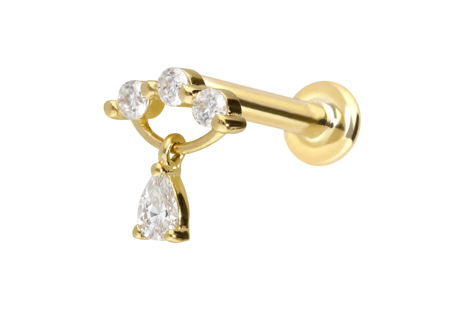 14 Karat Gold Labret Piercing mit Push Fit MOISSANIT-BOGEN + MOISSANIT-TROPFEN